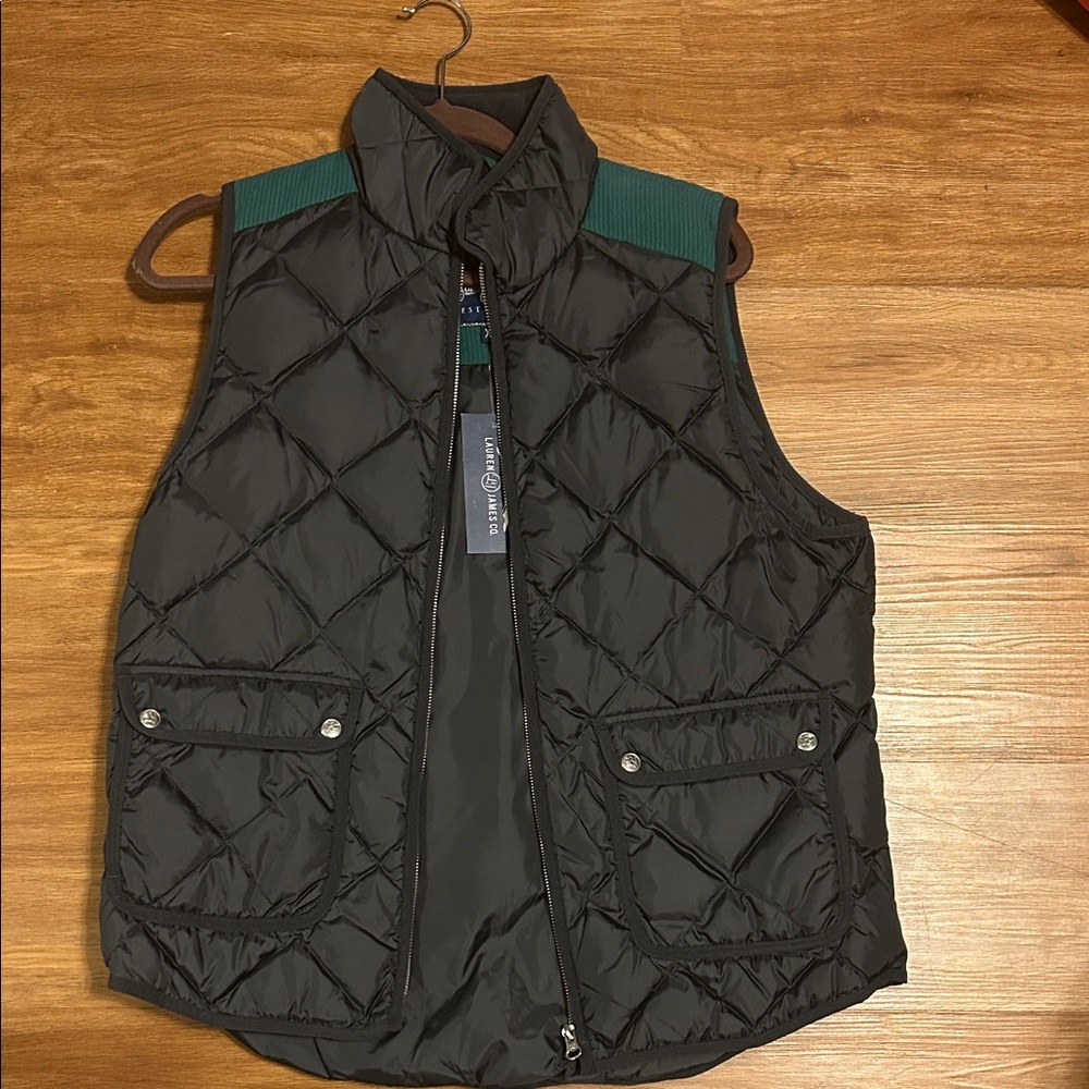 Lauren James Black Quilted Vest with Green Accents